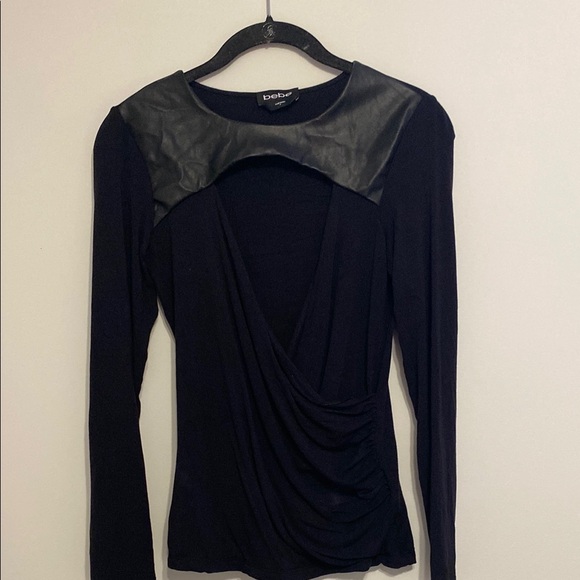 Bebe Black Long Sleeve Top with Leather Detail - Picture 1 of 6